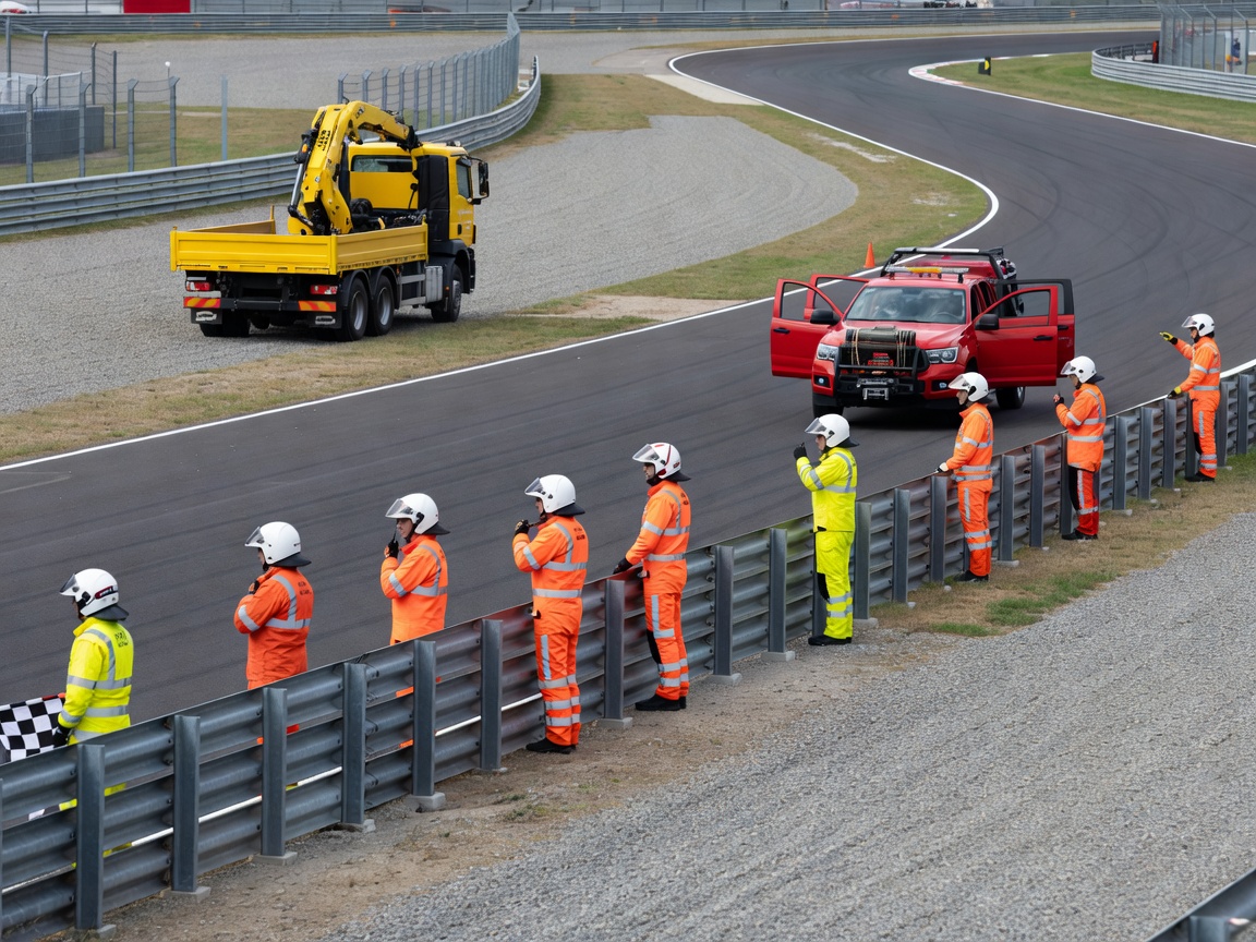 Circuit safety marshals and recovery vehicles standing by along track barrier