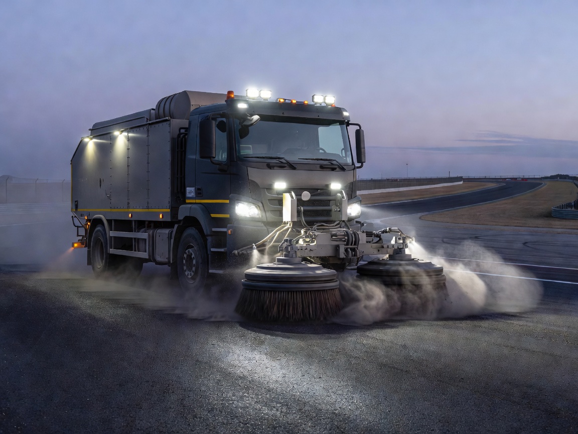 High-capacity sweeper truck polishing race track tarmac before morning practice