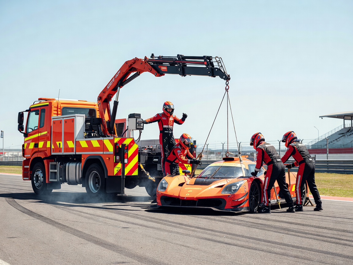 Motorsport intervention truck responding to an on-track vehicle recovery situation