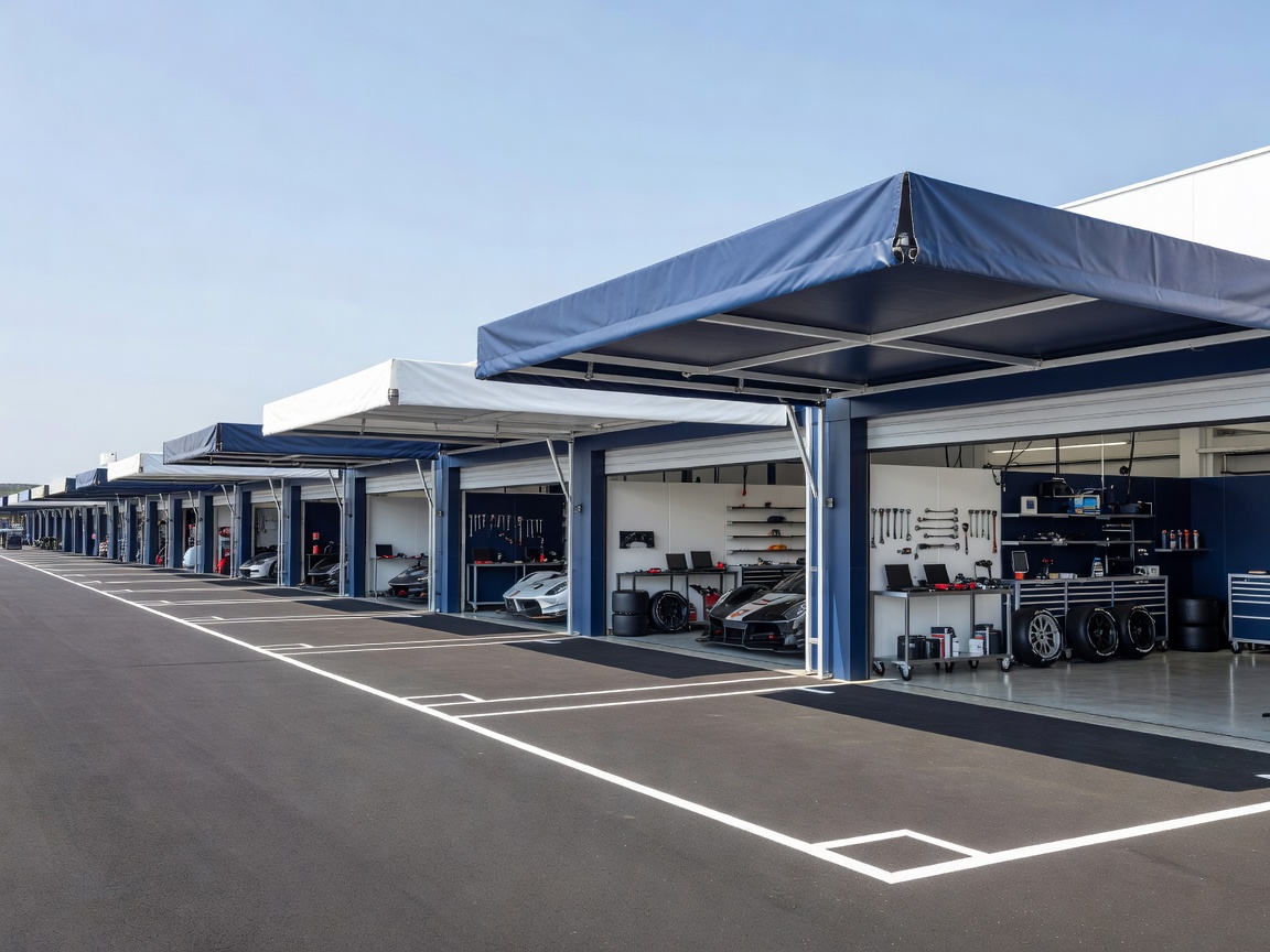 Organized motorsport paddock garages with service awnings and clean pit allocation