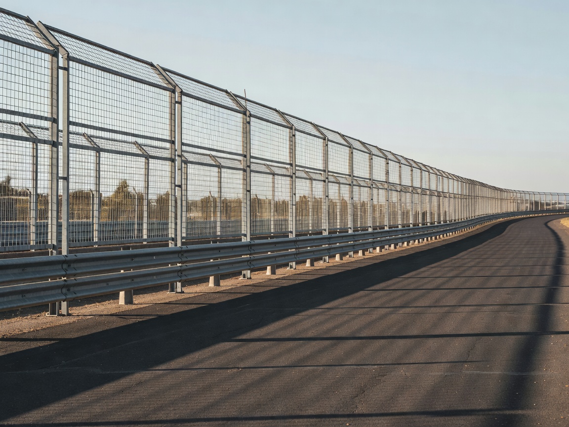 Paved perimeter service road running behind FIA catch fencing and spectator barriers