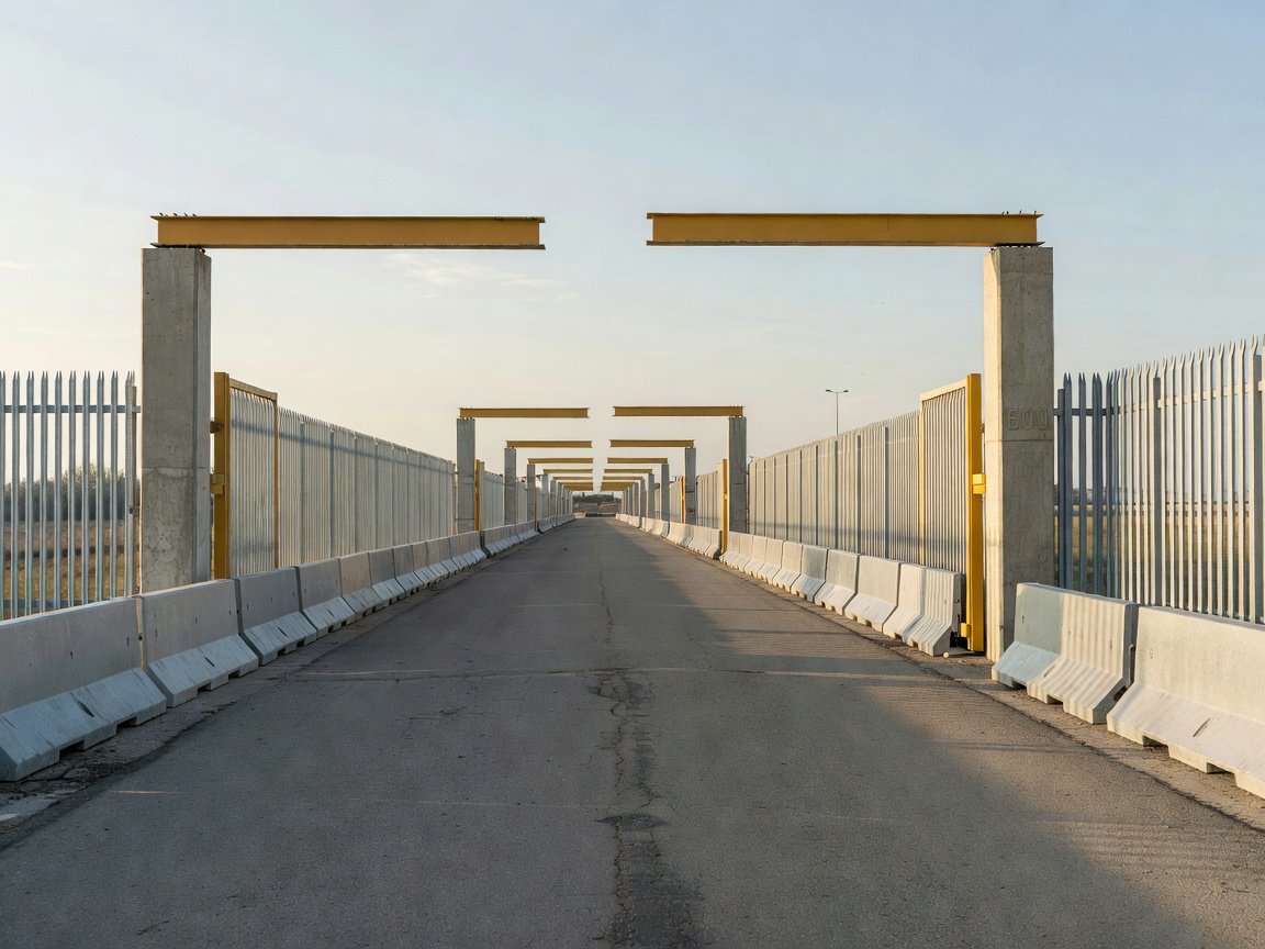 Perimeter service access roads, barrier systems, and circuit boundary gates