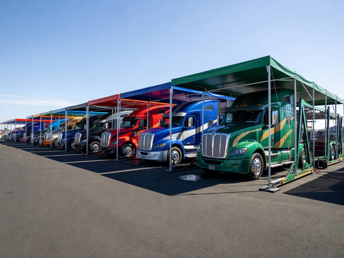 Row of race car haulers and hospitality awnings arranged on an asphalt paddock