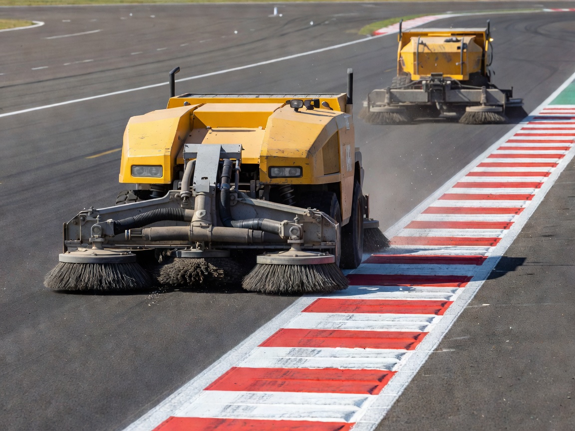 Specialized track sweeping machinery operating along racing kerbs