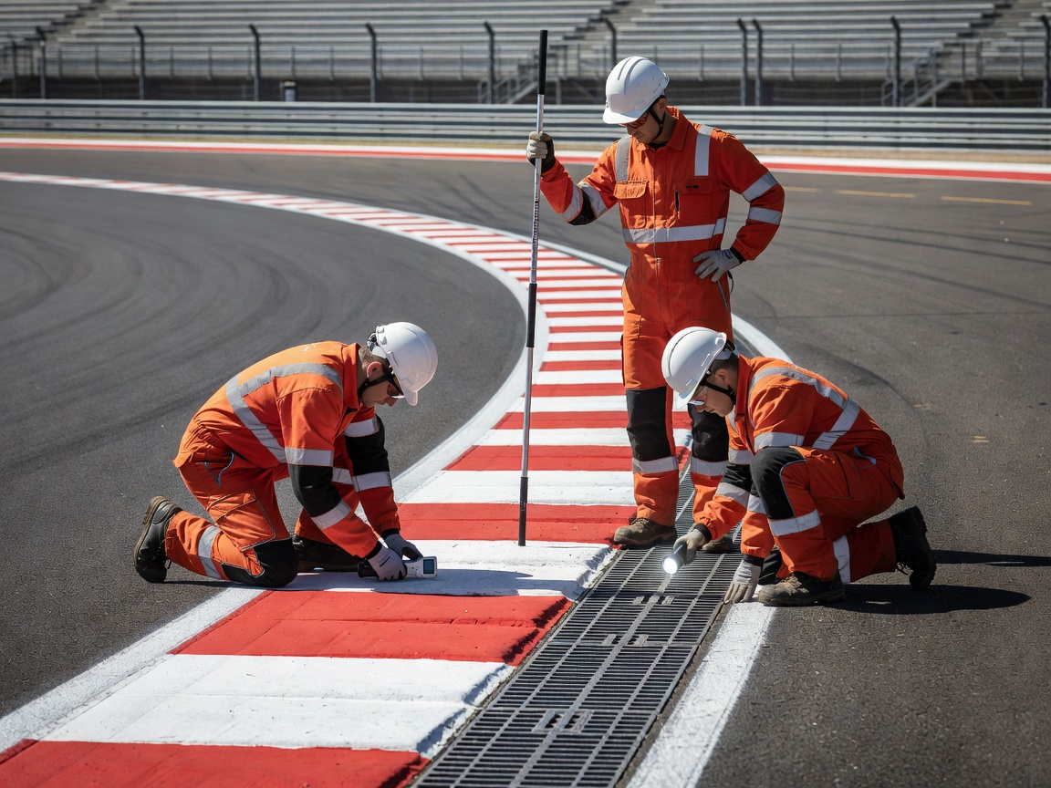 Technicians inspecting racing track camber, drainage grates, and kerbing